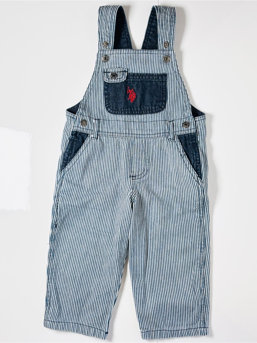U.S. Polo Assn Hickory Stripe Denim Overalls Train Conductor 24M Retro Navy